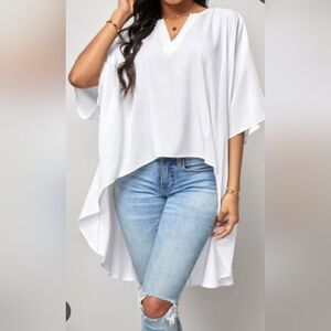 WoWo High Low White V-Neck Top